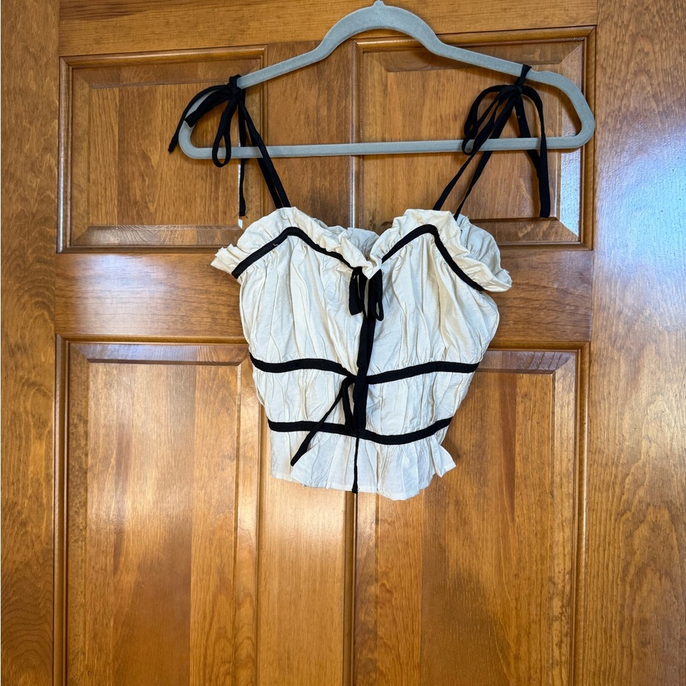 Cream Ruffle Top with Black Ties